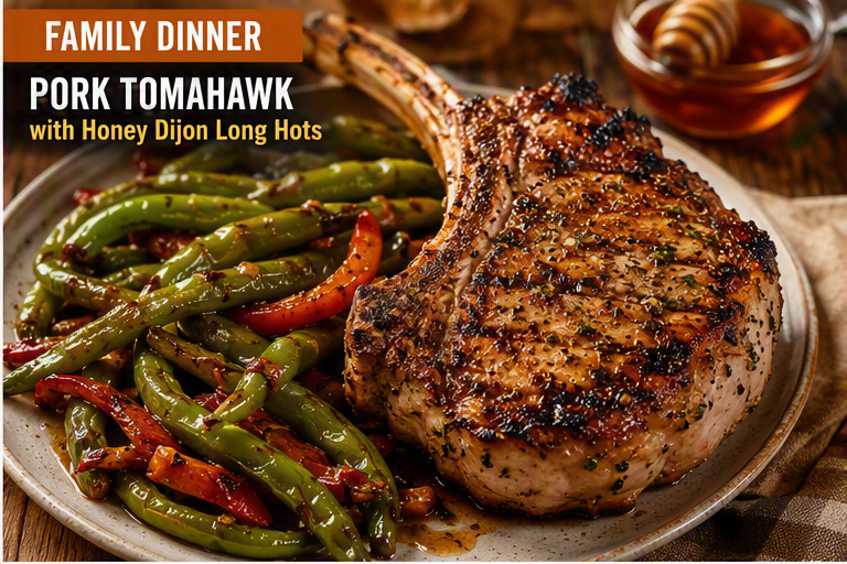 Pork Tomahawk with Honey Dijon Long Hots